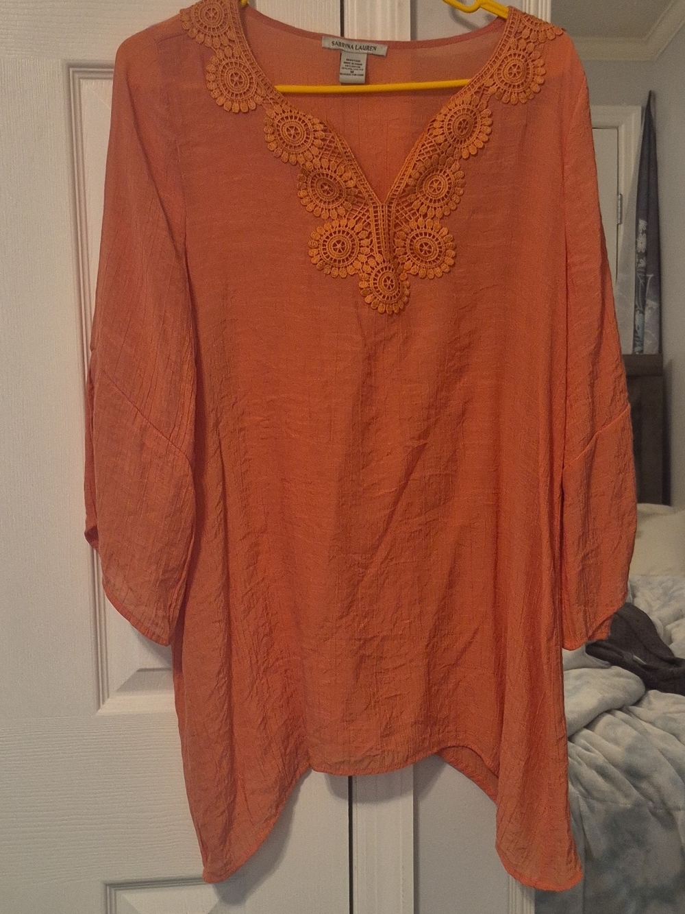 Sabrina Lauren Orange Crochet-Trim Tunic Top